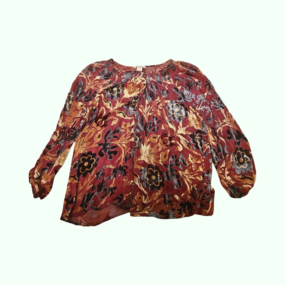 Sundance Womens M Silk Blend‎ Velvet Burnout Floral Blouse Burgundy Gold Boho